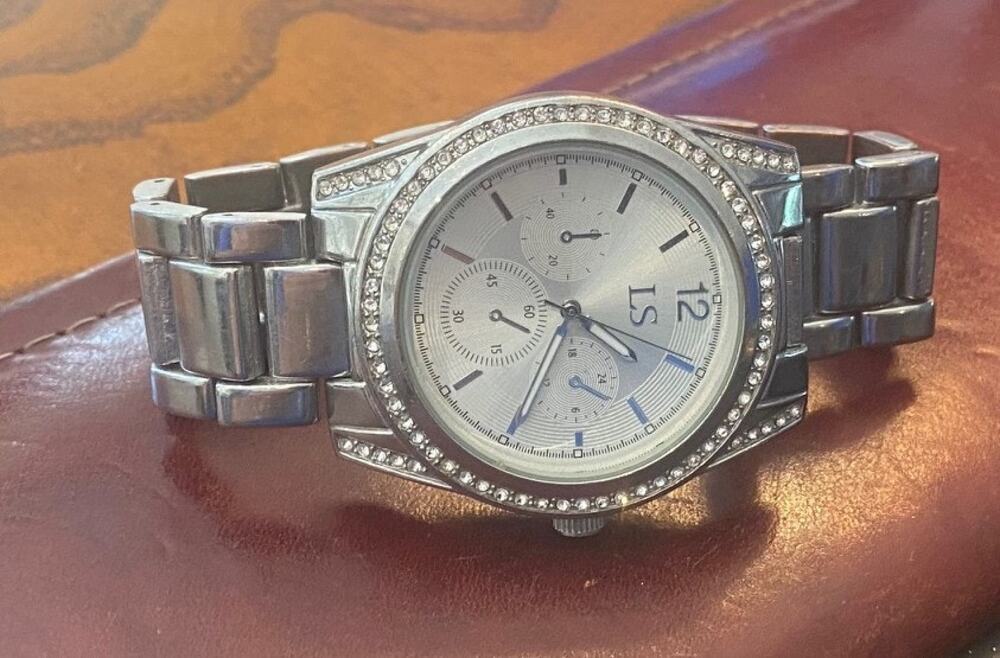 Silver Tone LS 40mm Watch with Rhinestone Bezel, Bracelet Band
